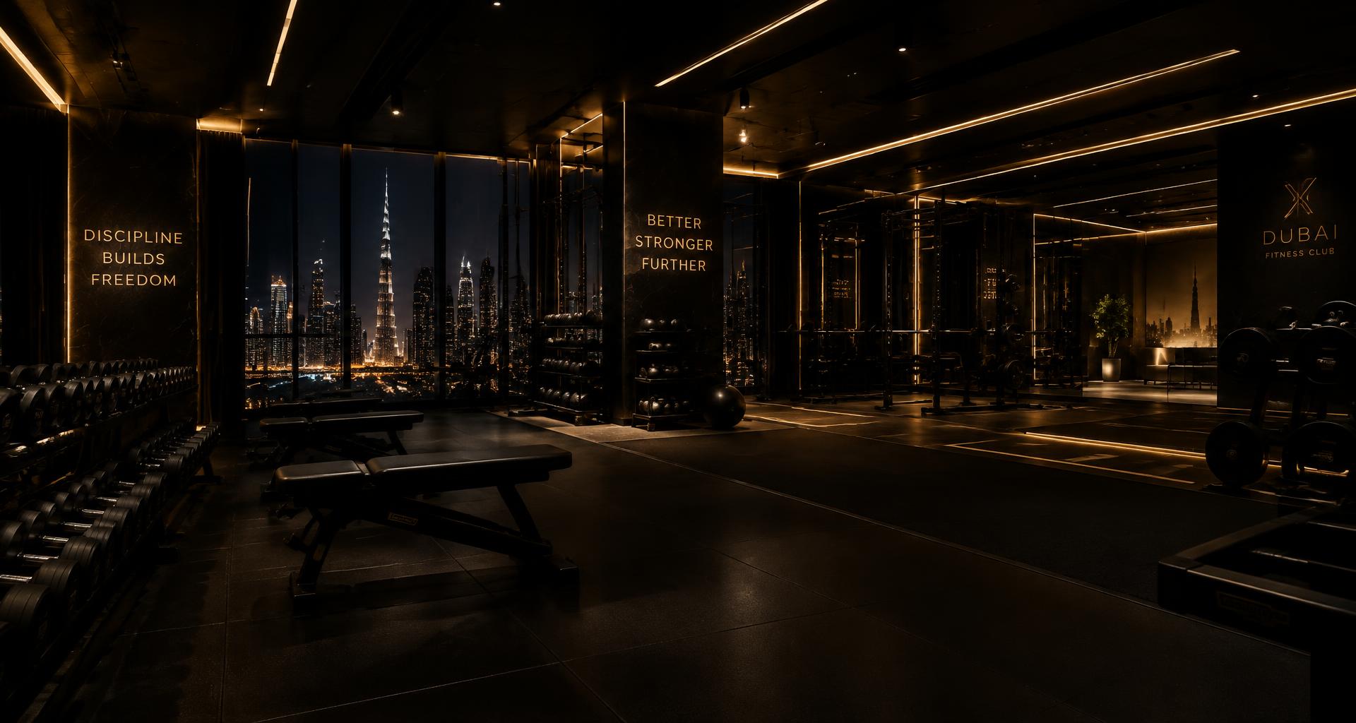 Luxury Dubai gym interior at night